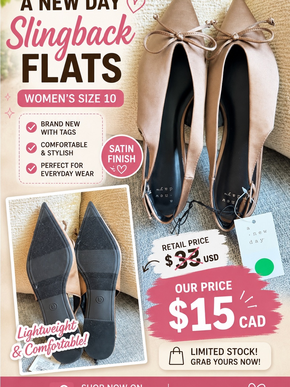 a new day Satin Slingback Flats in Brown Size 10